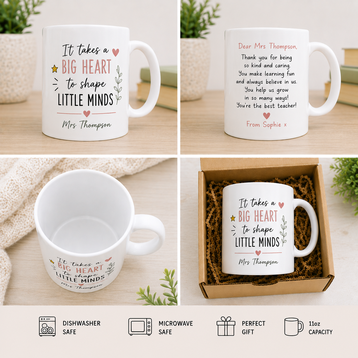 Personalised Teacher Mug and Coaster Set – "It Takes a Big Heart to Shape Little Minds"