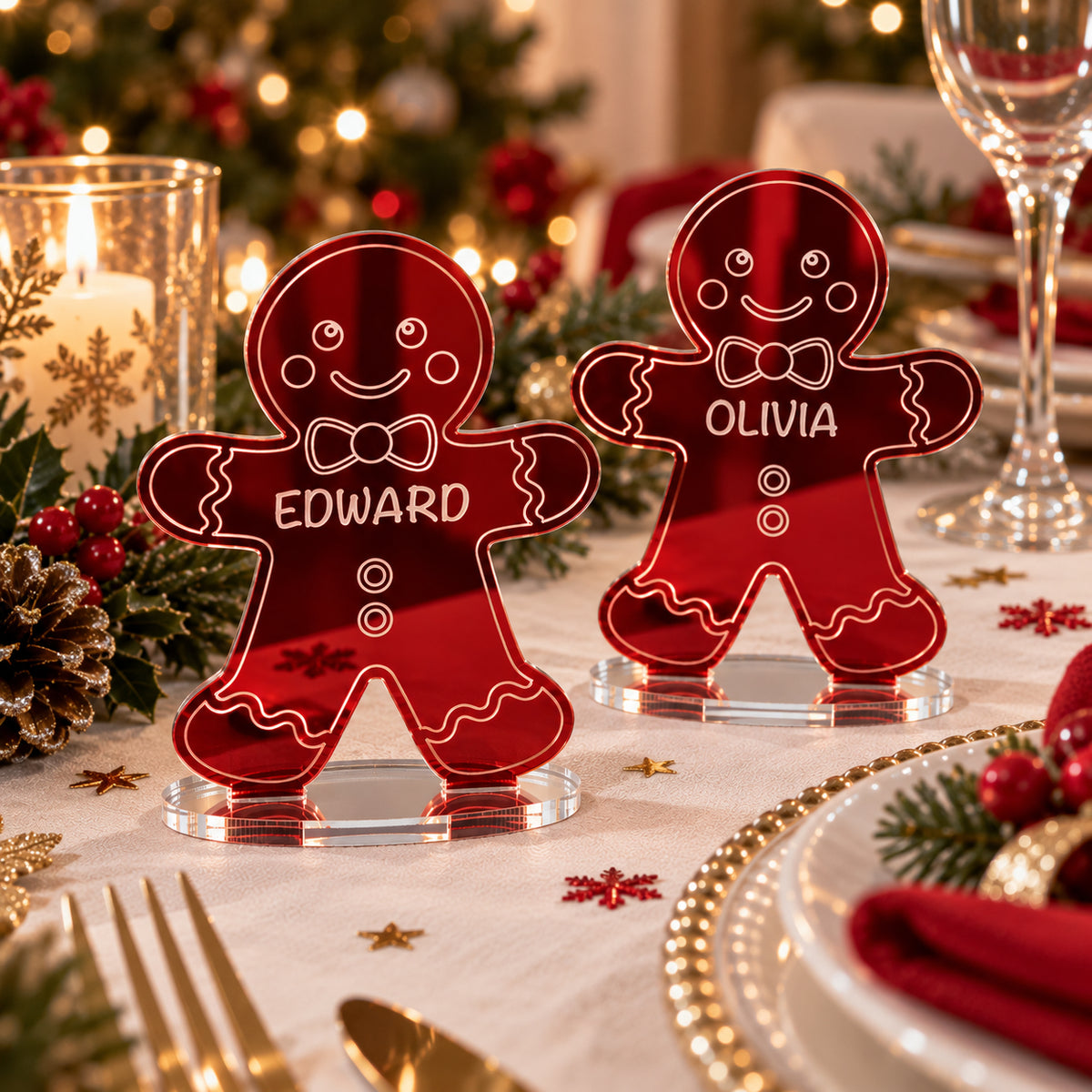 Personalised Christmas Gingerbread Man Mirror Acrylic Table Place Names