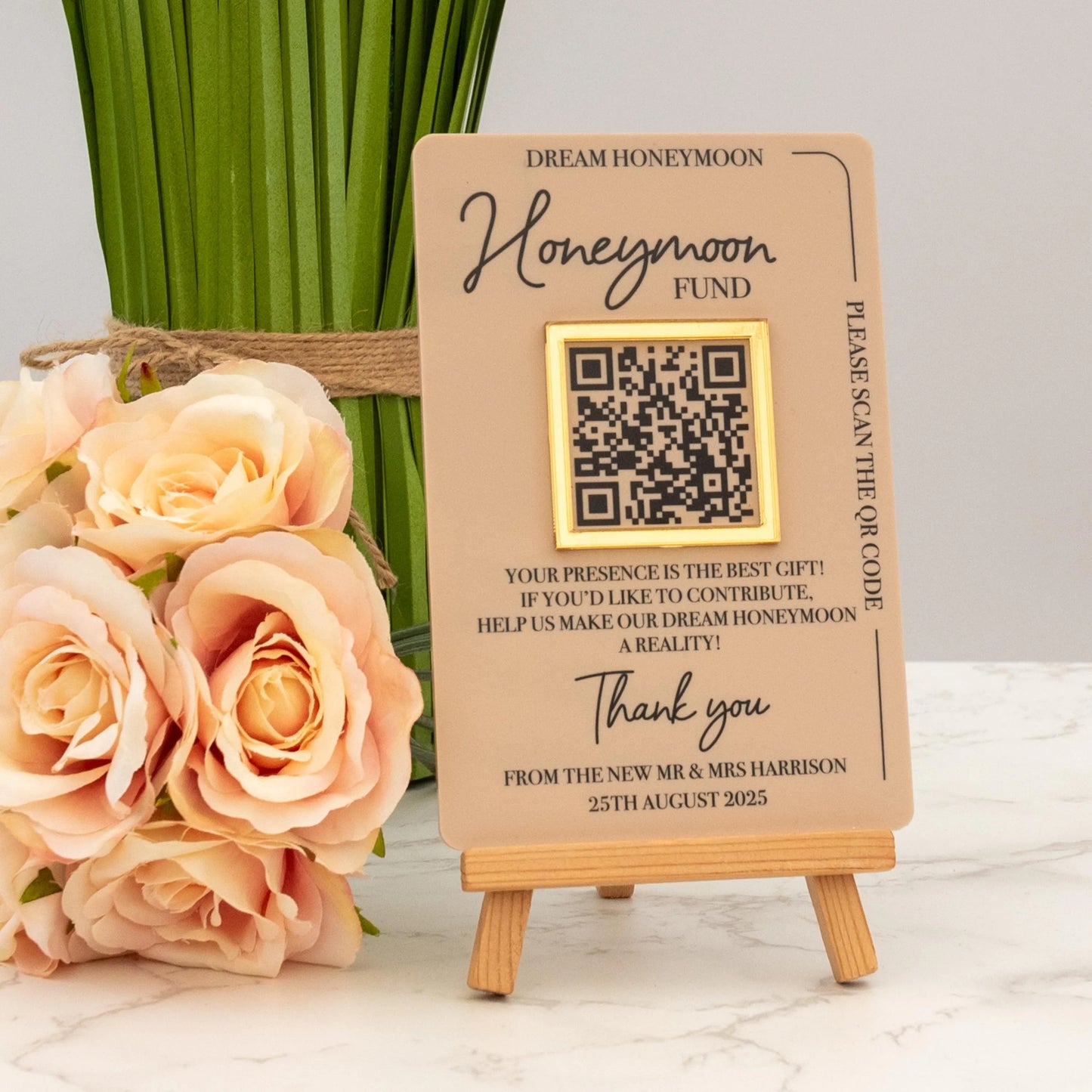 Personalised Modern Acrylic Honeymoon Fund QR Code Sign – Custom 3D Acrylic Wedding Sign