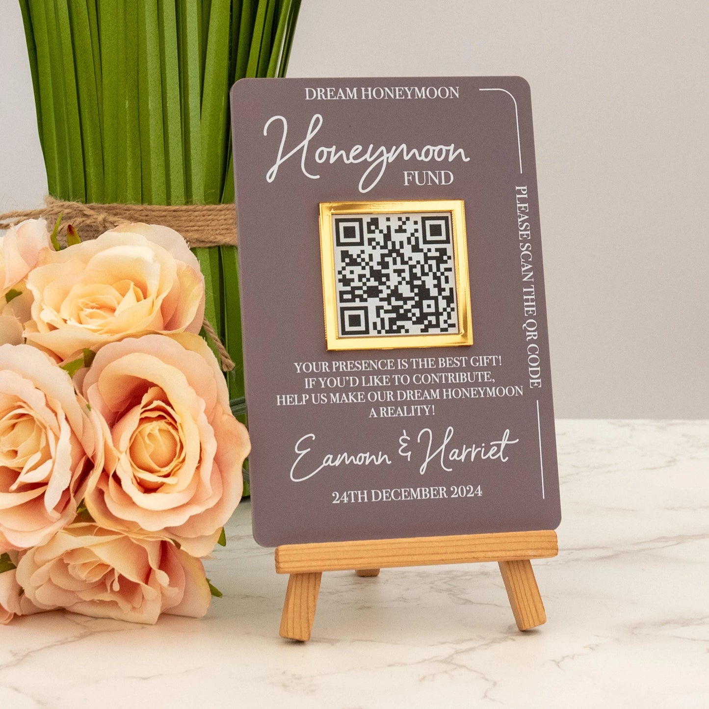Personalised Modern Acrylic Honeymoon Fund QR Code Sign – Custom 3D Acrylic Wedding Sign