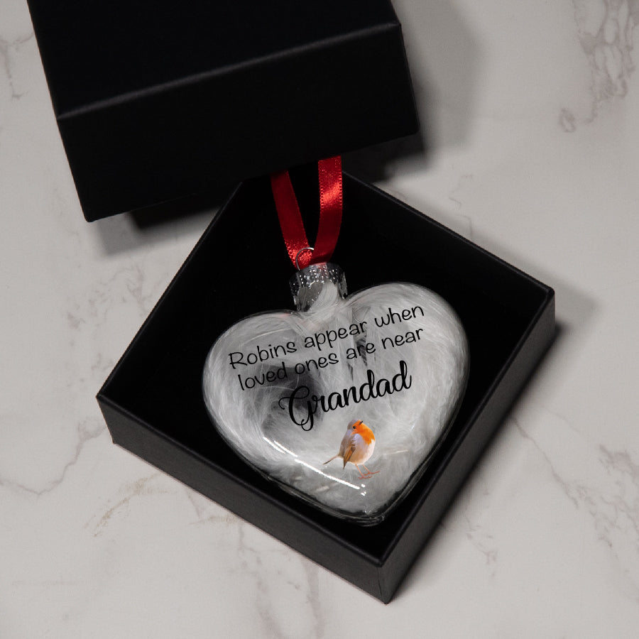 Personalised Robins Appear Memorial Glass Heart Bauble Christmas Tree Decoration