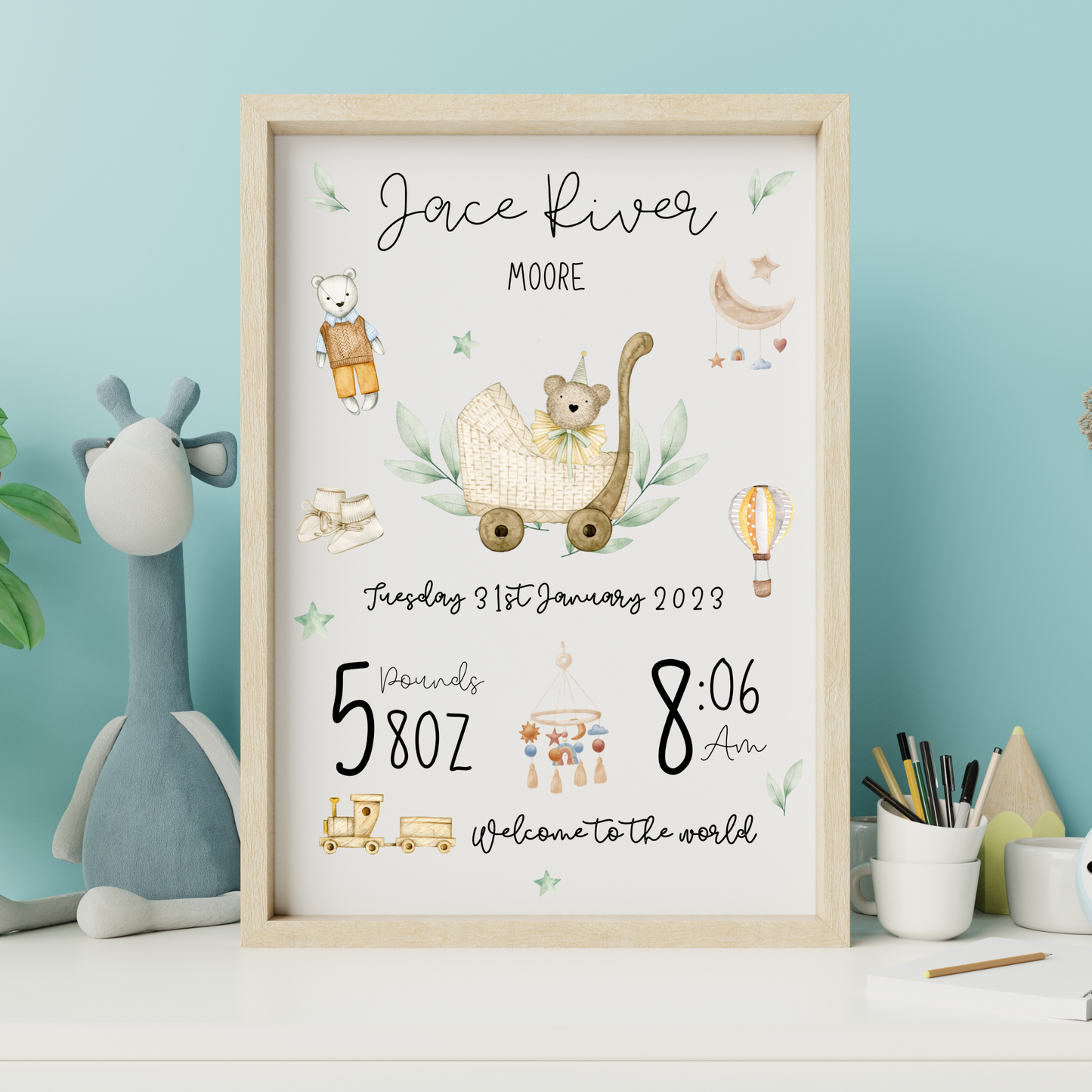 Personalised Teddy Bear Welcome To The World Nursery Print