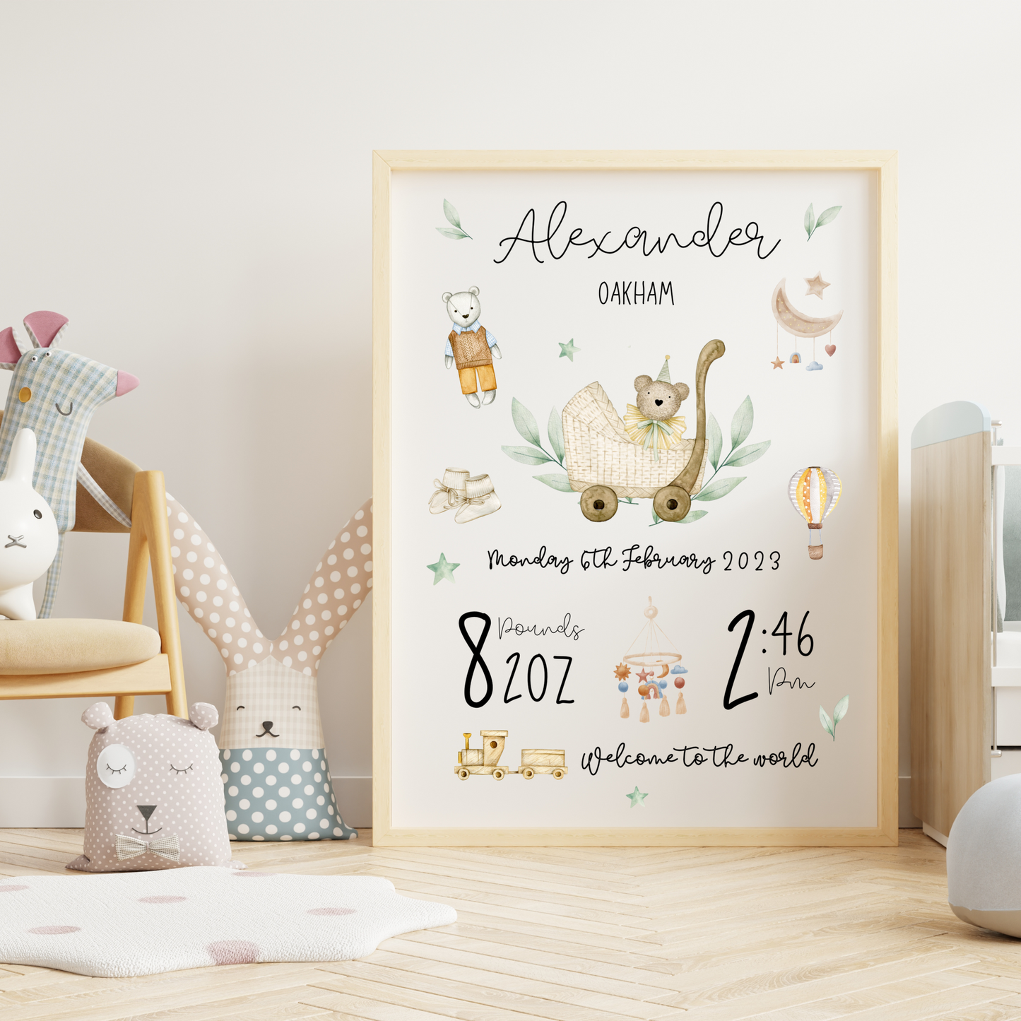 Personalised Teddy Bear Welcome To The World Nursery Print