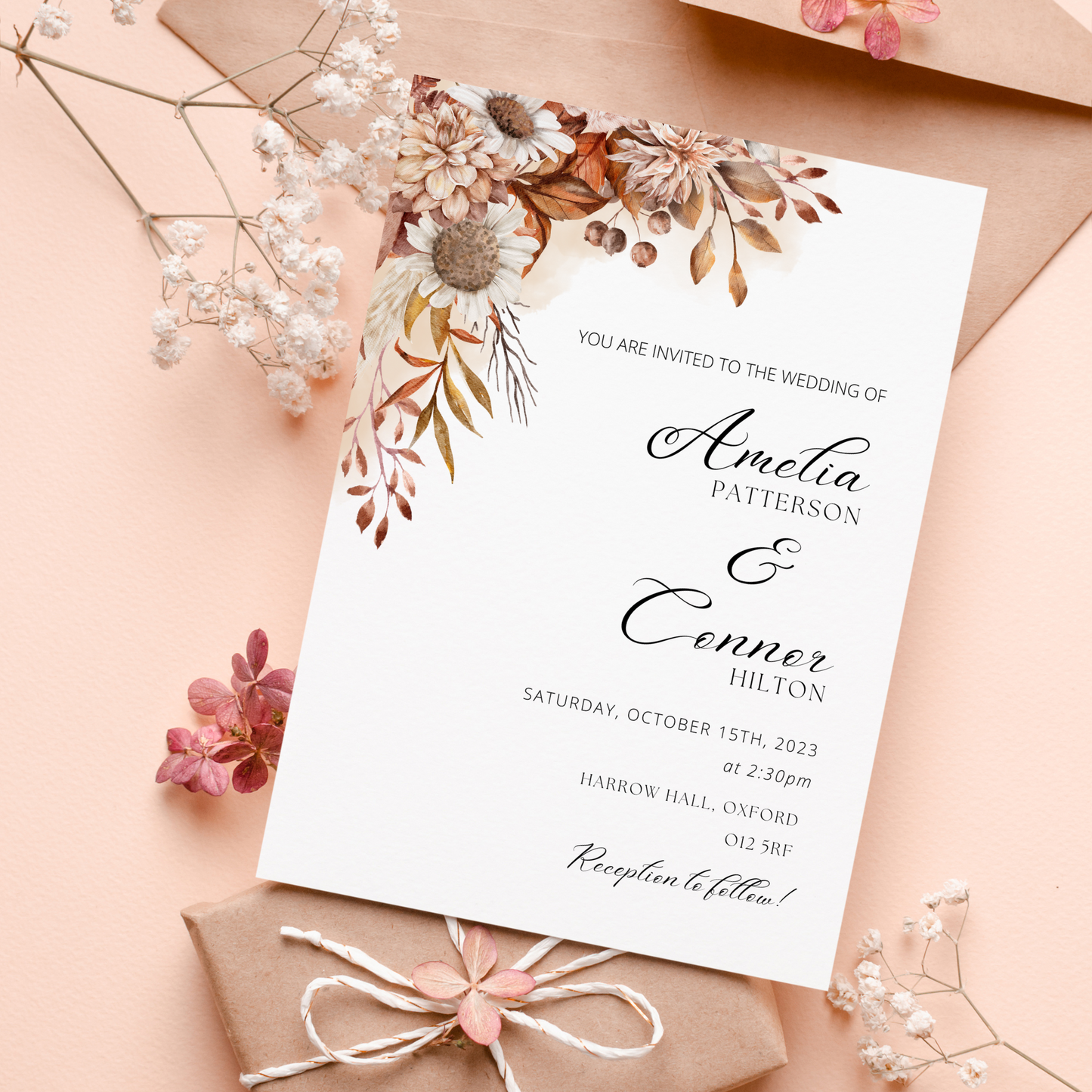 Printed Personalised Rustic Flowers Wedding Invitation