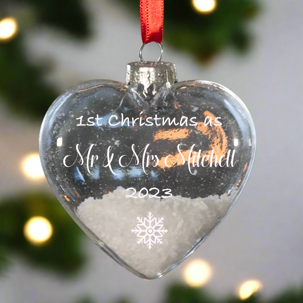 Personalised 1st Christmas As Mr & Mrs Heart Glass Bauble
