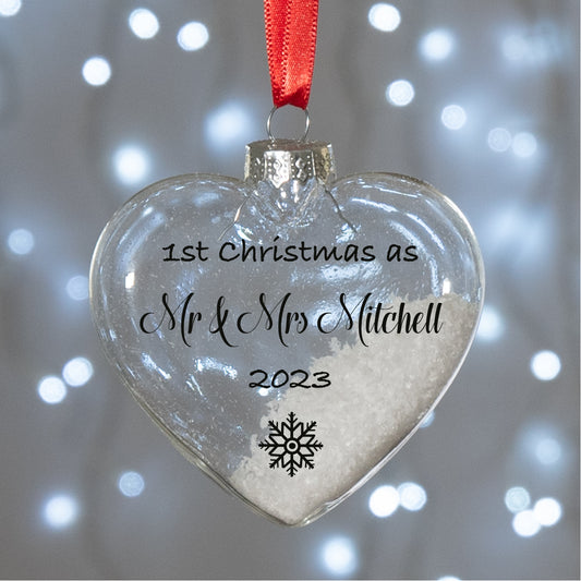 Personalised 1st Christmas As Mr & Mrs Heart Glass Bauble