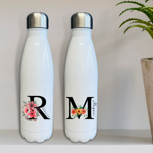 Personalised Floral Initial Insulated Water Bottle