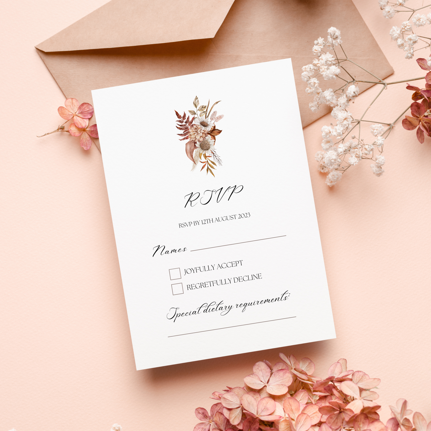 Printed Personalised Rustic Flowers Wedding Invitation