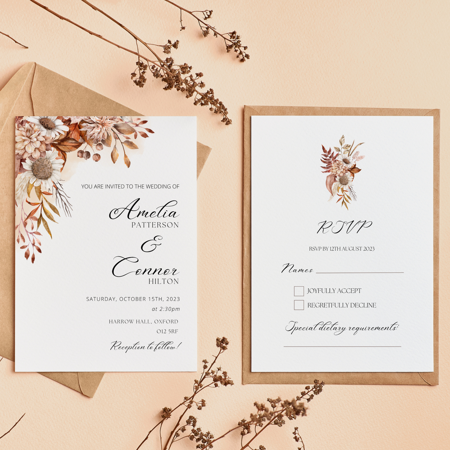 Printed Personalised Rustic Flowers Wedding Invitation