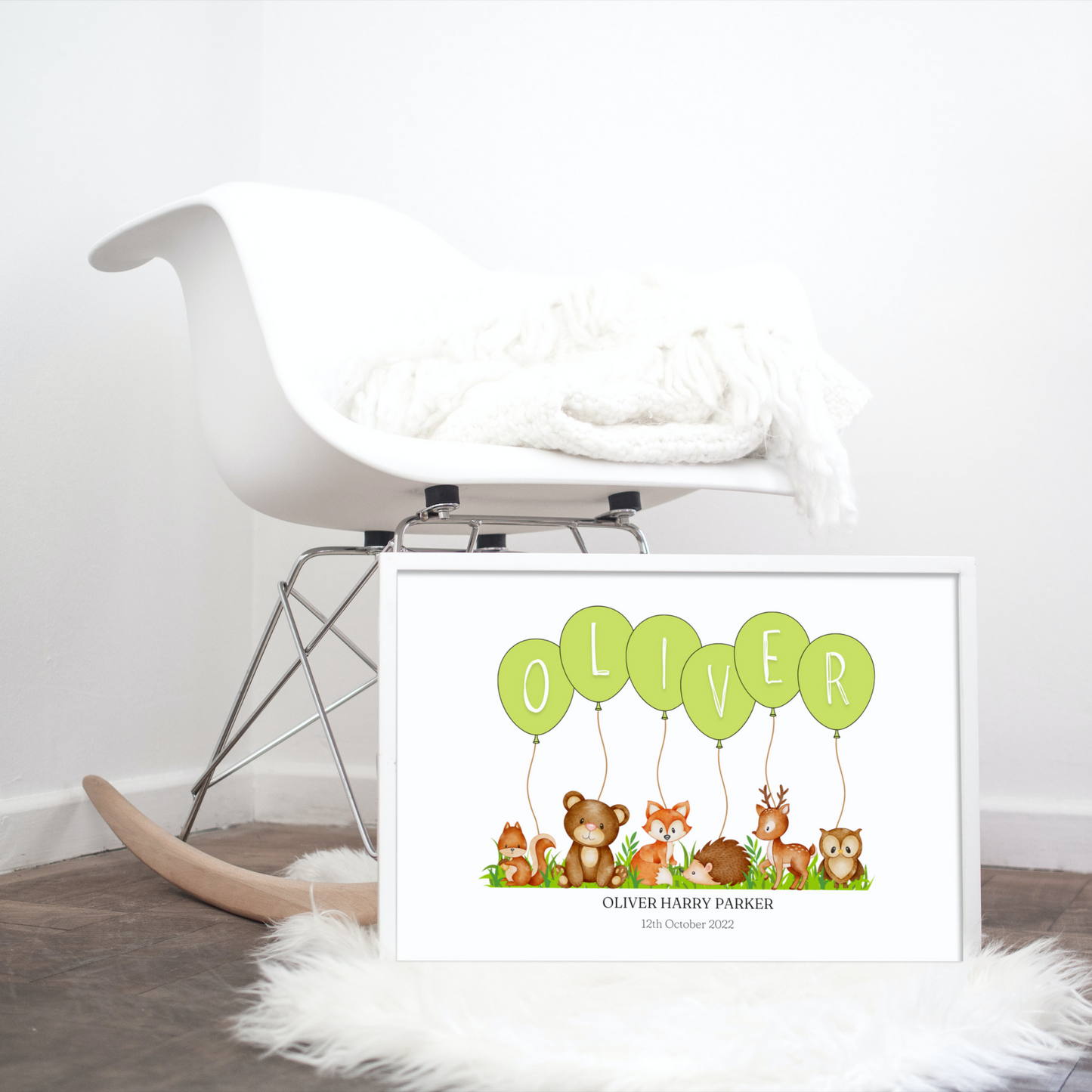 Personalised Balloon And Woodland Animal Nursery Print