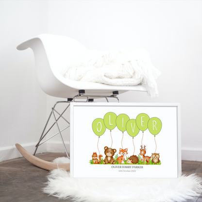 Personalised Balloon And Woodland Animal Nursery Print