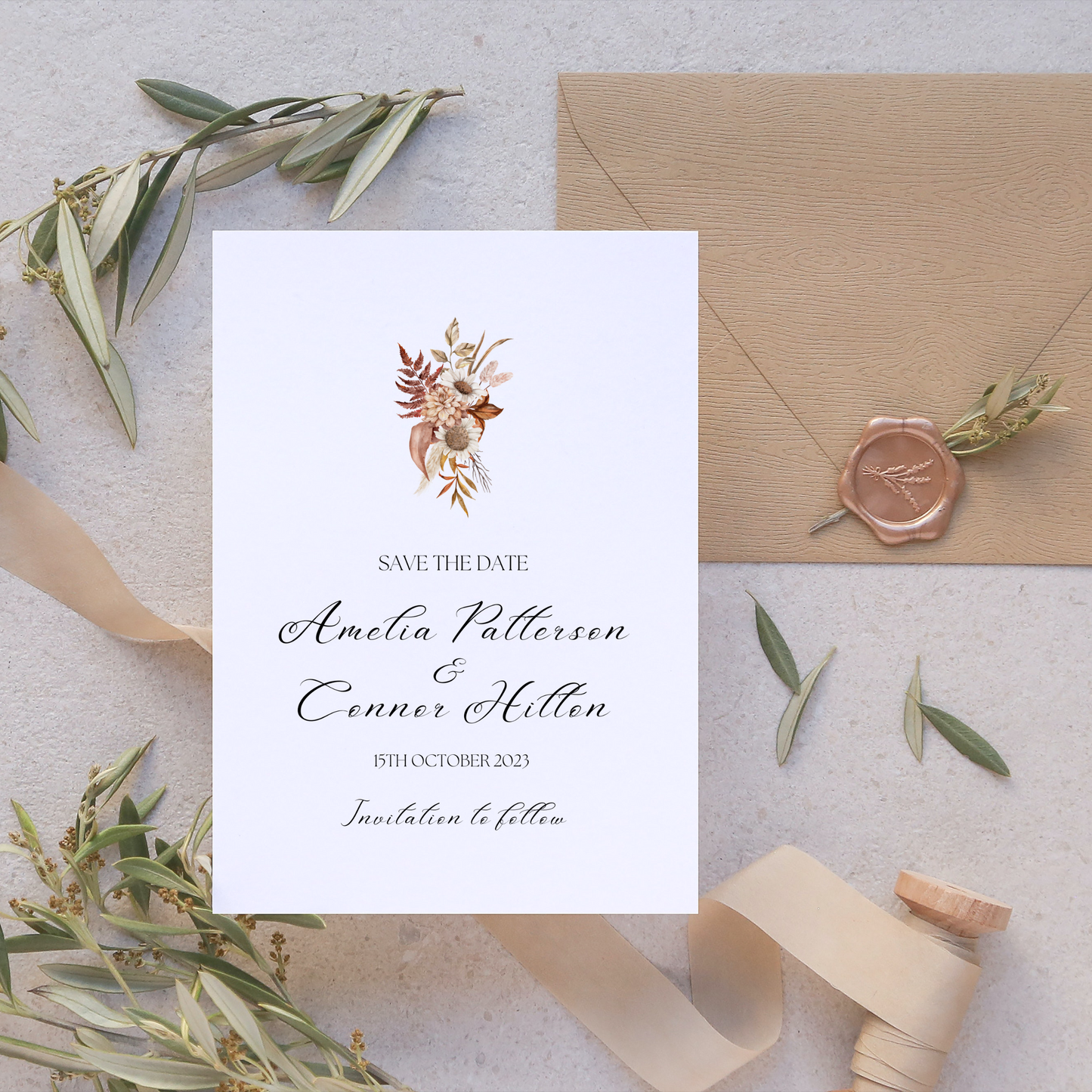 Printed Personalised Rustic Flowers Save The Date Card