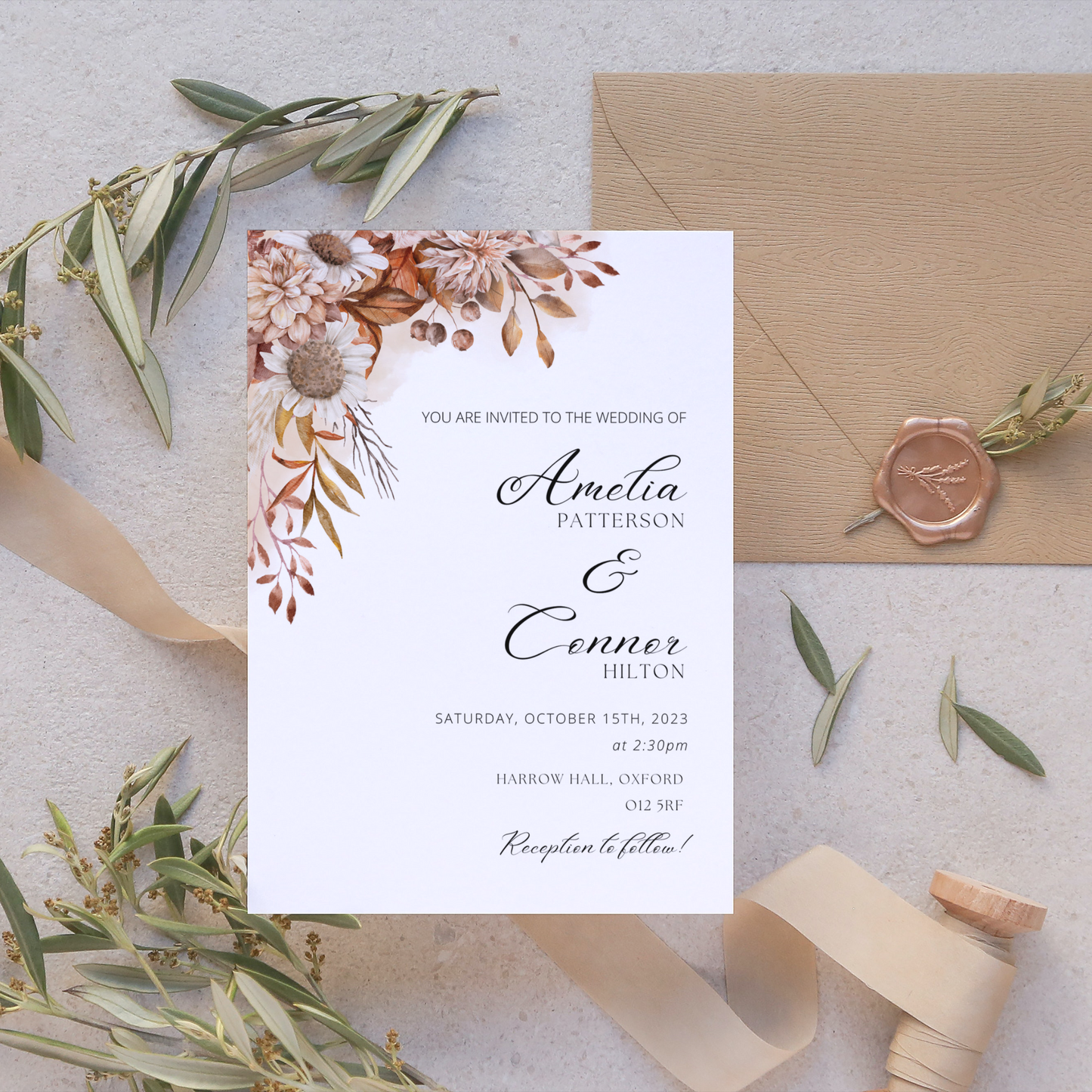 Printed Personalised Rustic Flowers Wedding Invitation