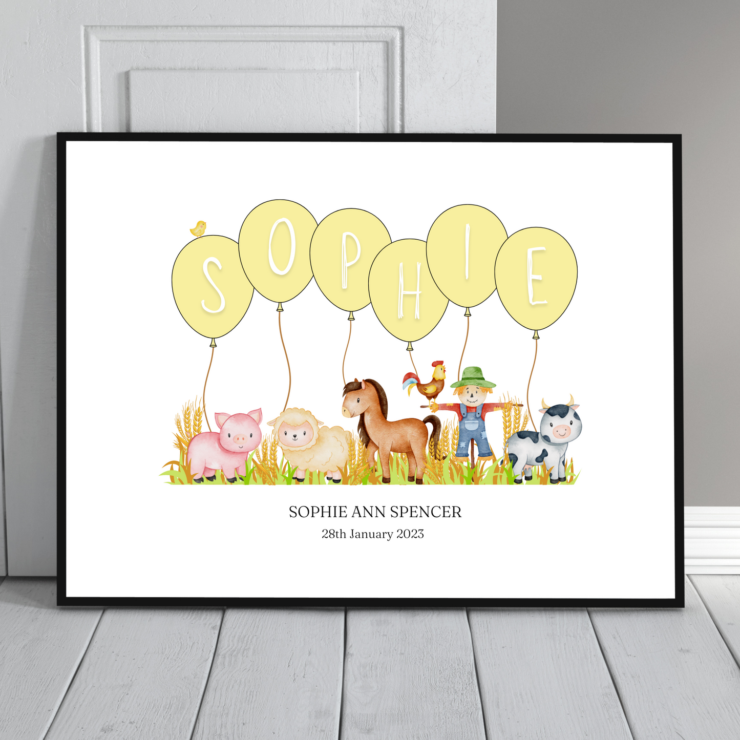 Personalised Balloon And Farmyard Animal Nursery Print