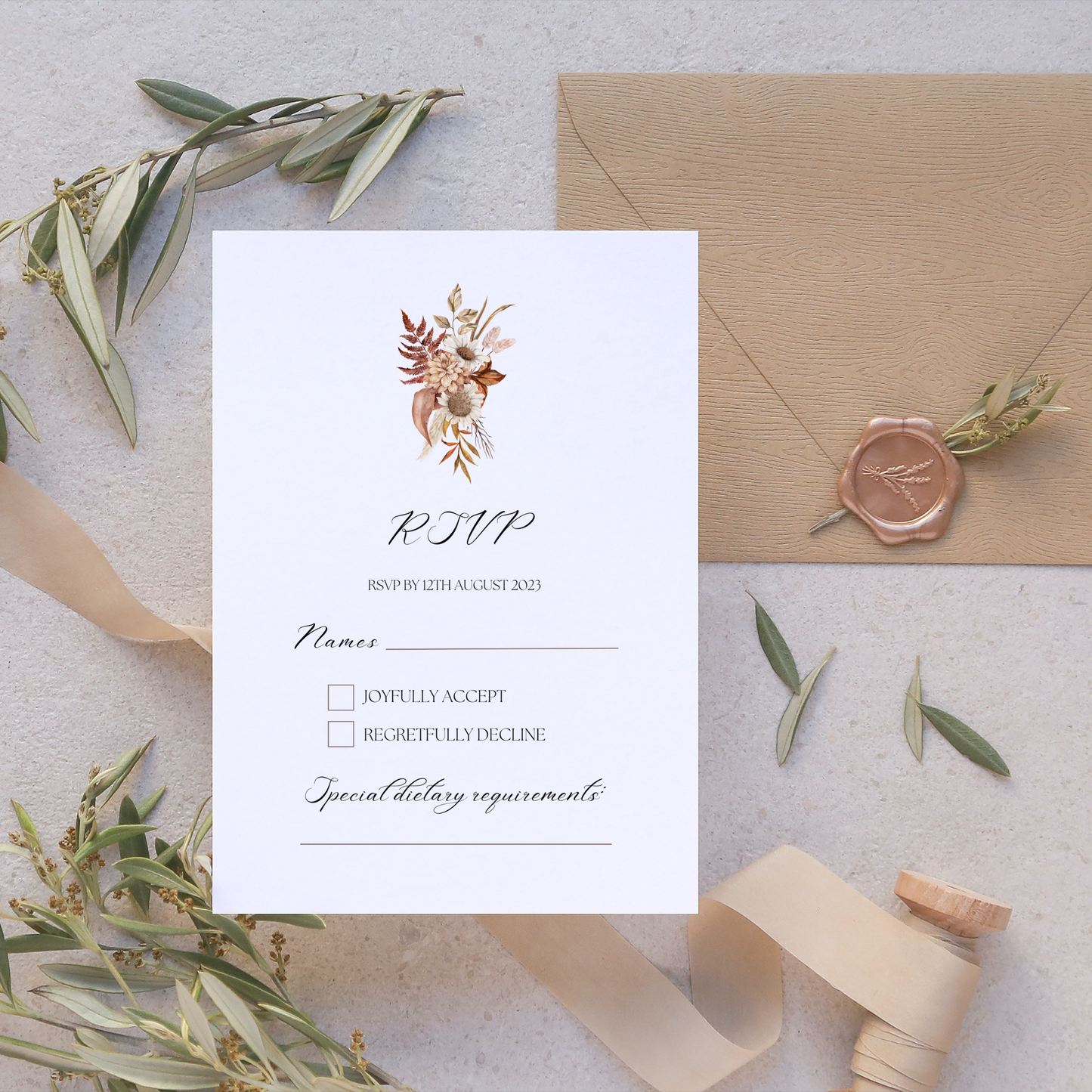 Printed Personalised Rustic Flowers Wedding Invitation