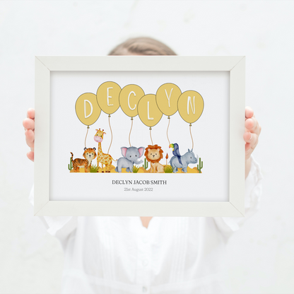Personalised Balloon And Safari Animal Nursery Print