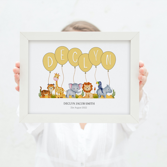 Personalised Balloon And Safari Animal Nursery Print