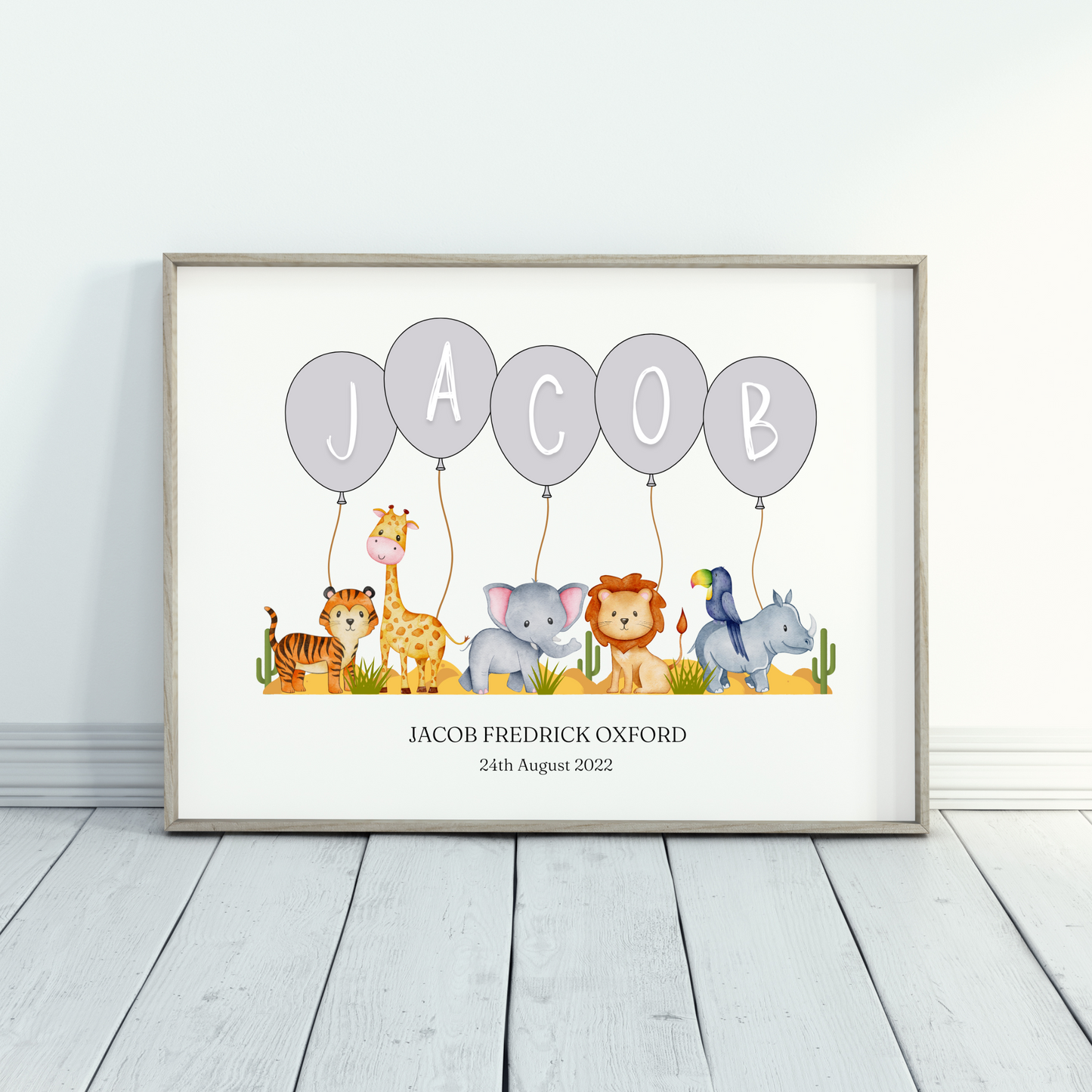 Personalised Balloon And Safari Animal Nursery Print