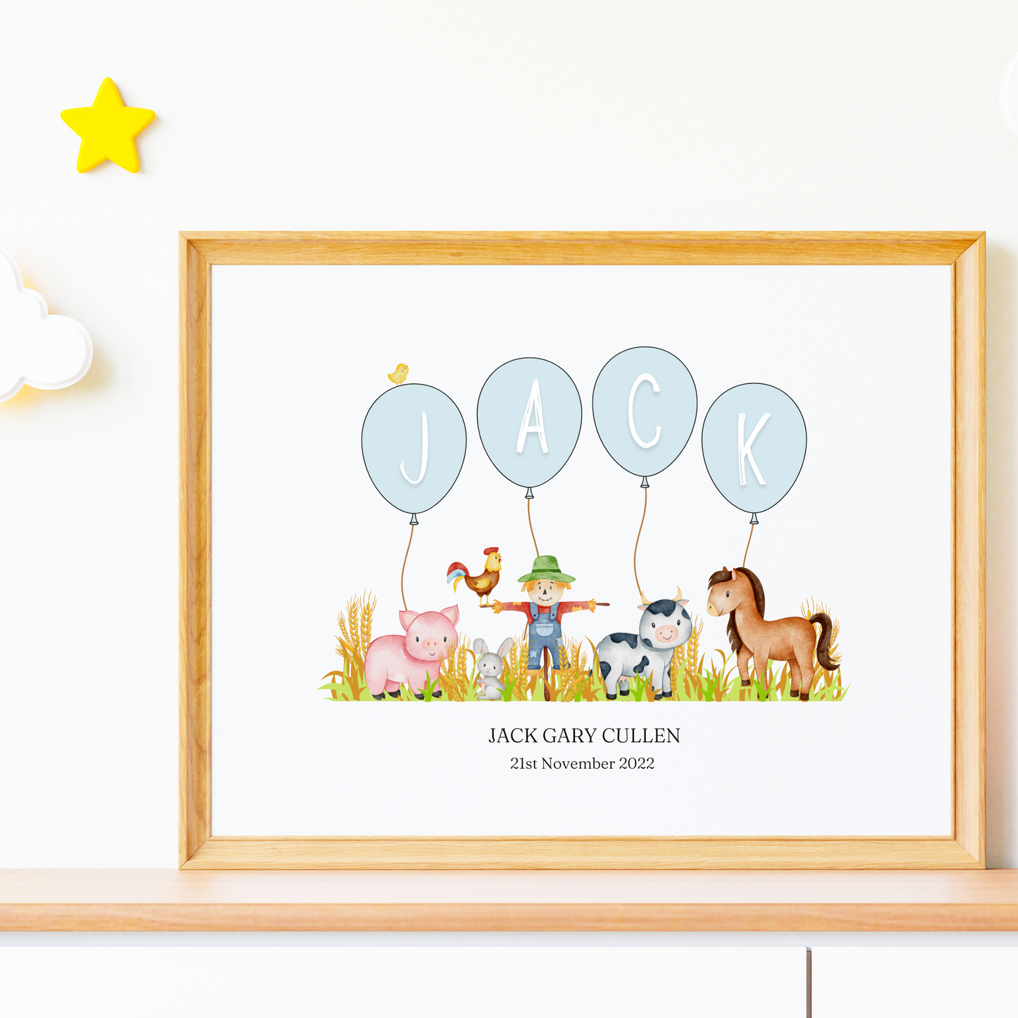 Personalised Balloon And Farmyard Animal Nursery Print