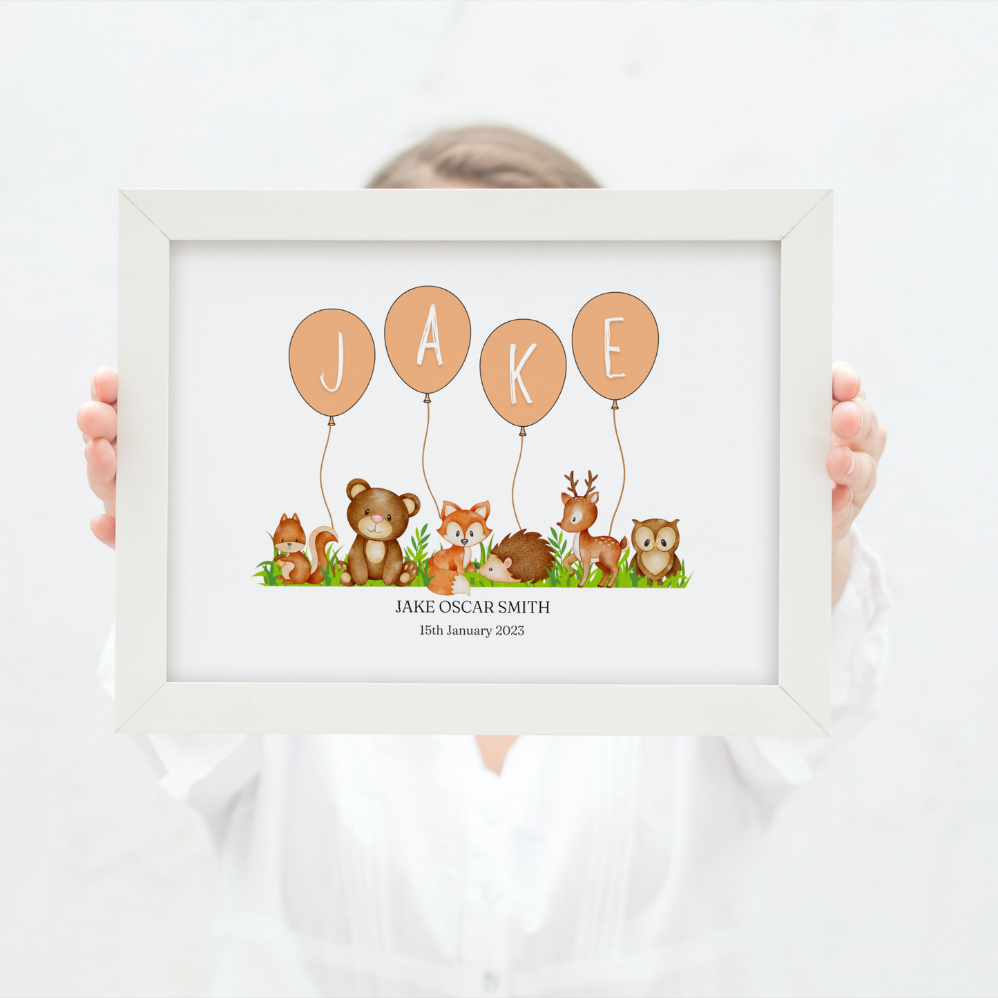 Personalised Balloon And Woodland Animal Nursery Print