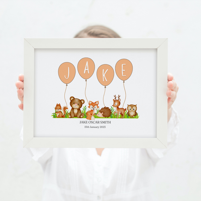 Personalised Balloon And Woodland Animal Nursery Print