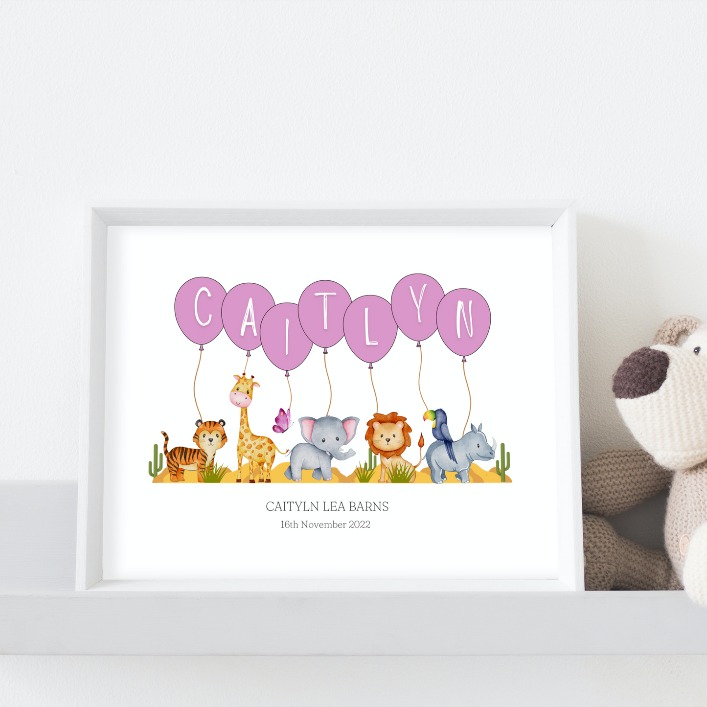 Personalised Balloon And Safari Animal Nursery Print