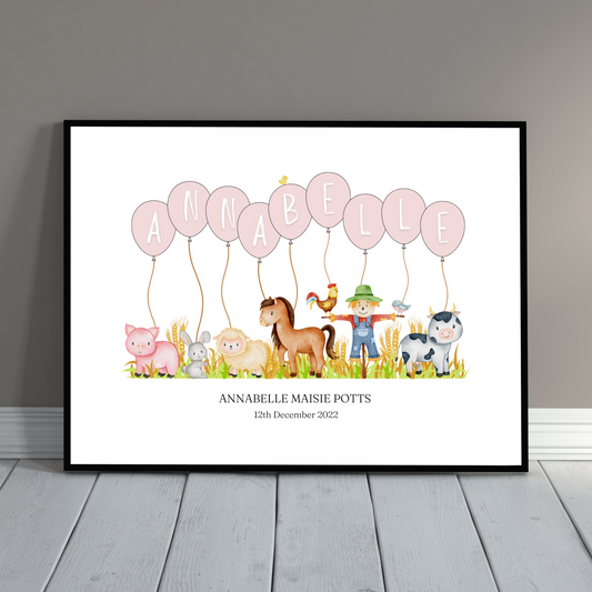 Personalised Balloon And Farmyard Animal Nursery Print