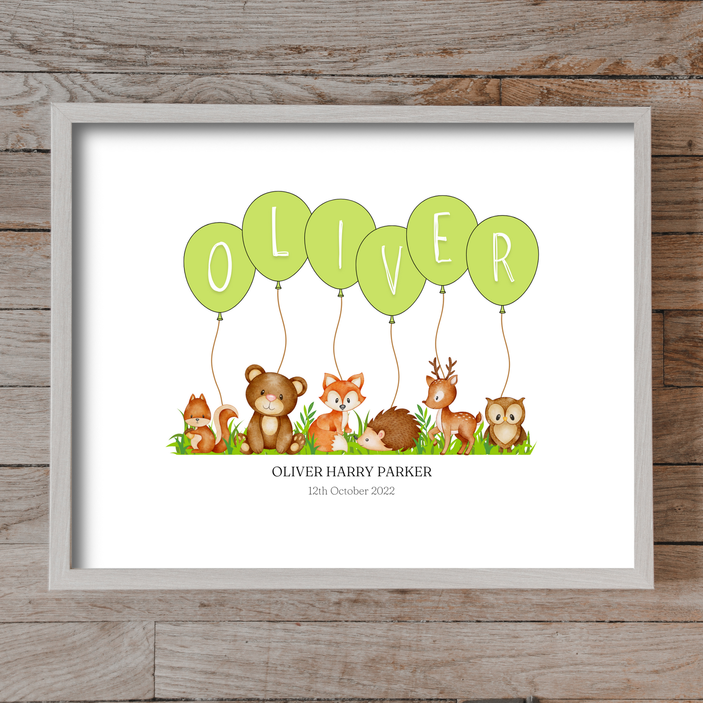 Personalised Balloon And Woodland Animal Nursery Print