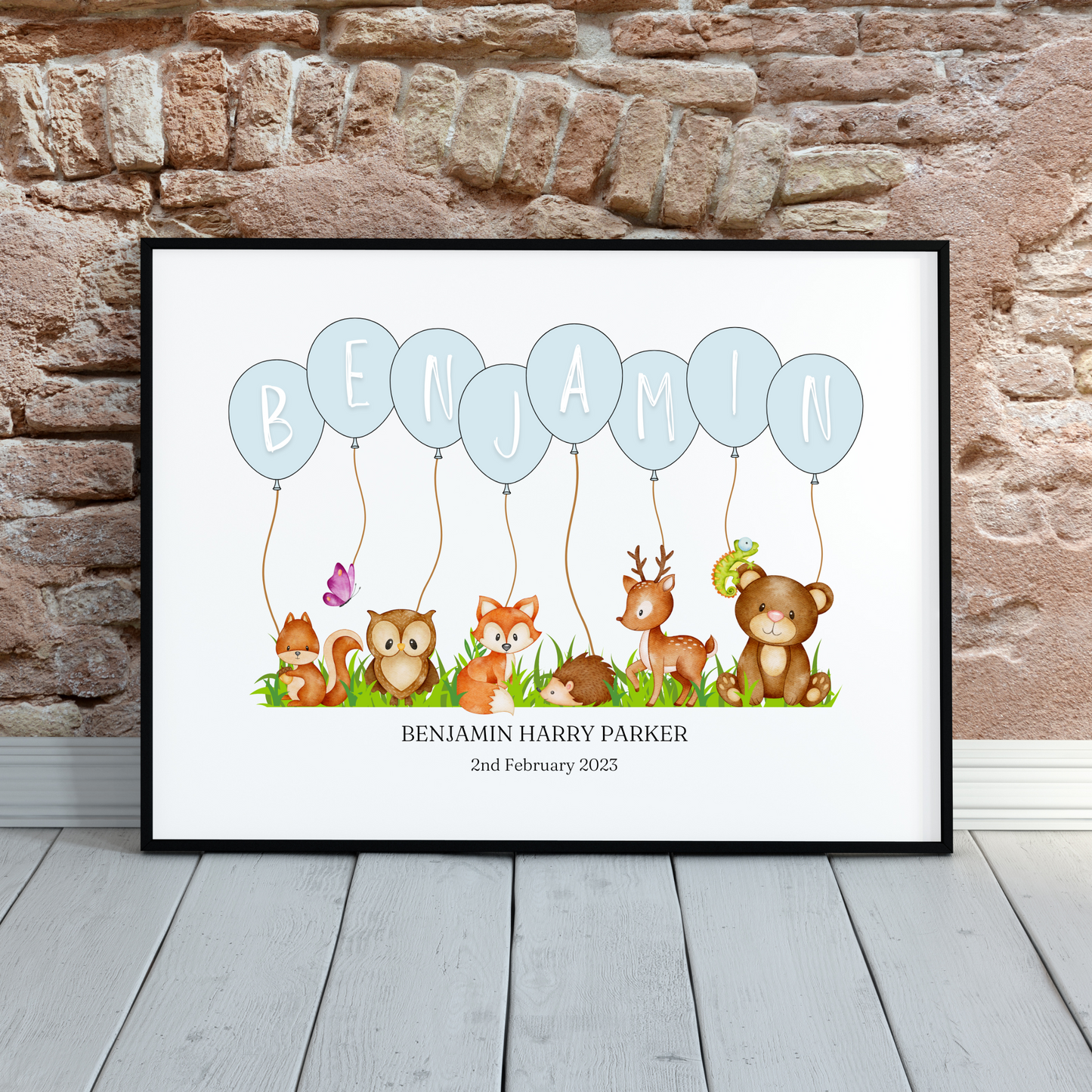 Personalised Balloon And Woodland Animal Nursery Print