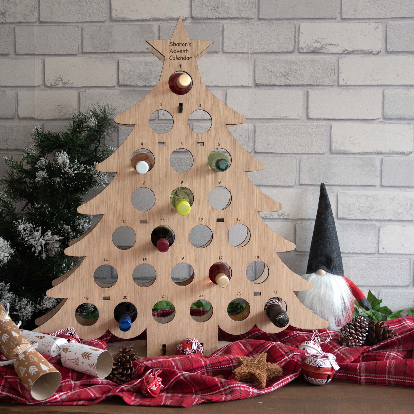 Personalised Miniature Wine Wooden Christmas Tree Advent Calendar