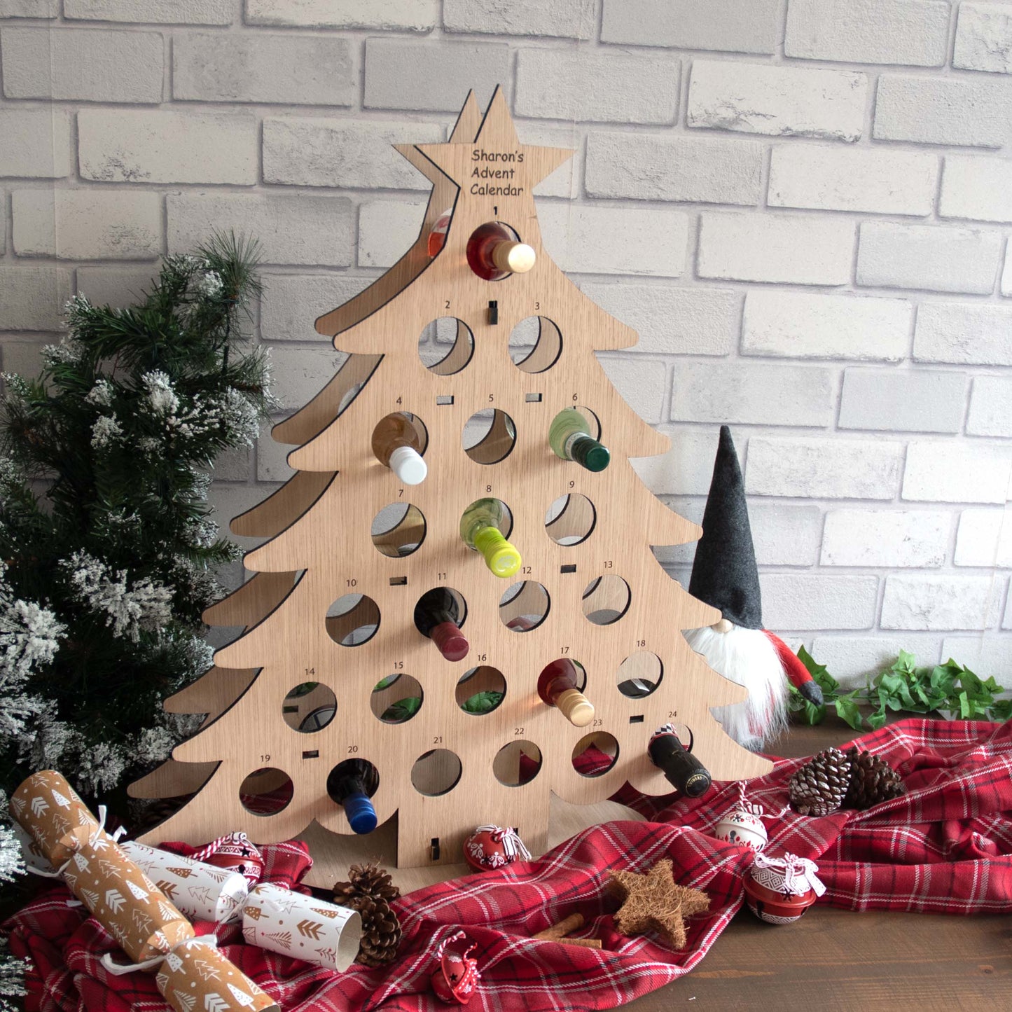 Personalised Miniature Wine Wooden Christmas Tree Advent Calendar