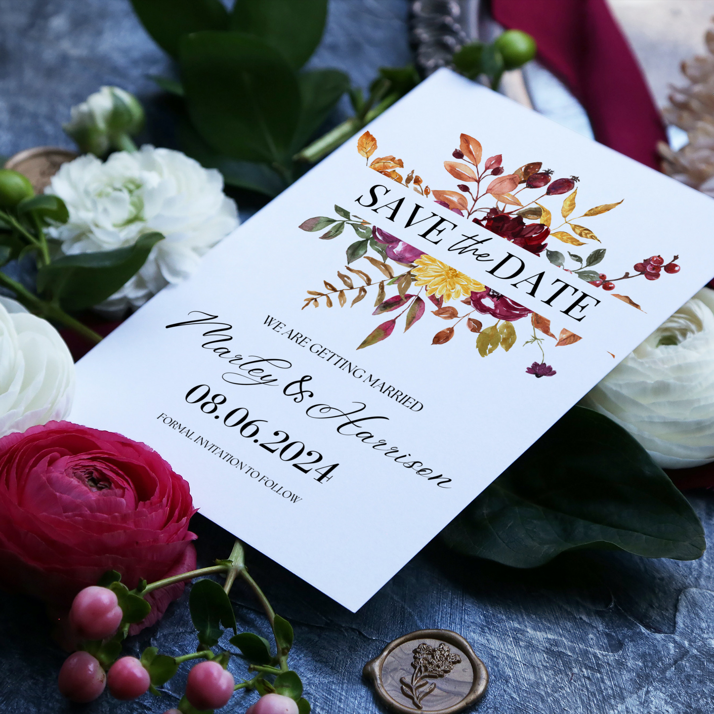 Printed Personalised Autumnal Flowers Save The Date Card