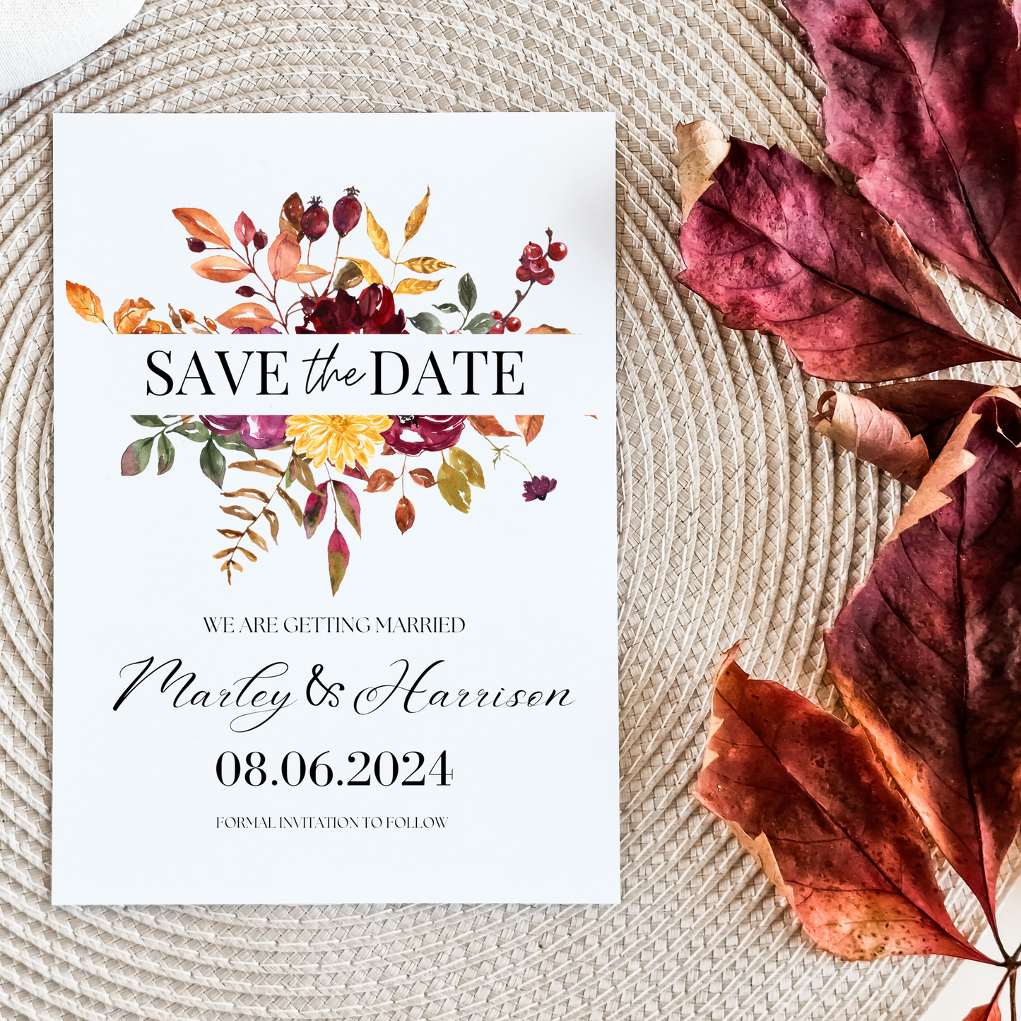 Printed Personalised Autumnal Flowers Save The Date Card