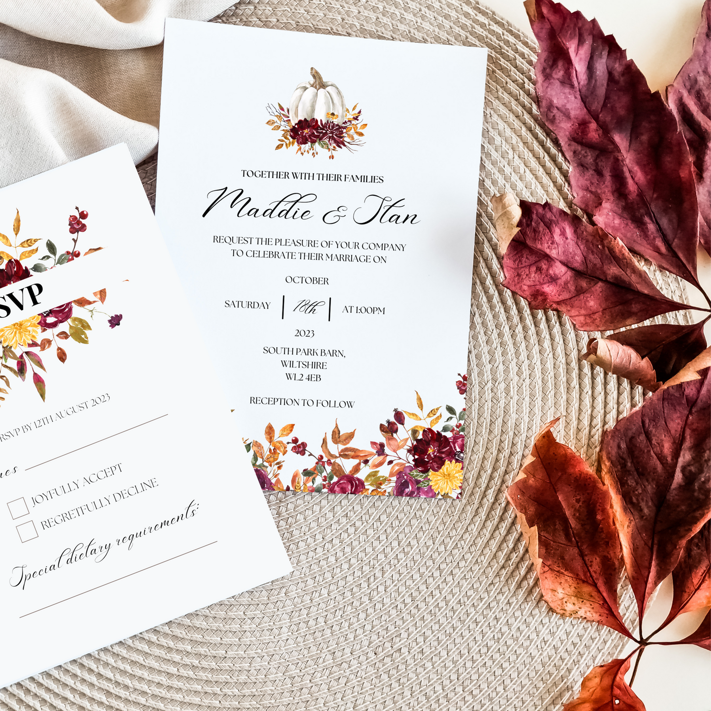 Printed Personalised Autumnal Flowers Wedding Invitation