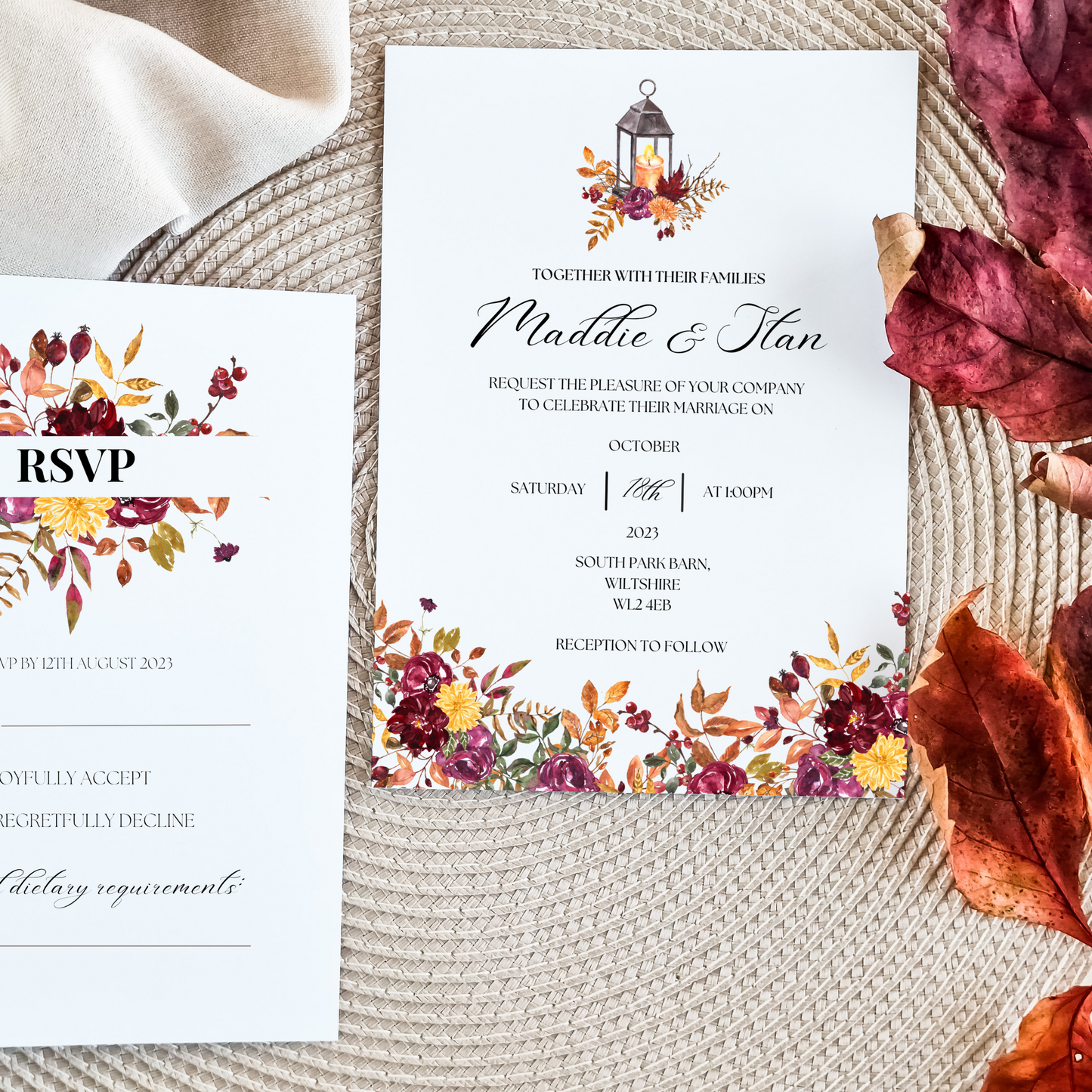 Printed Personalised Autumnal Flowers Wedding Invitation