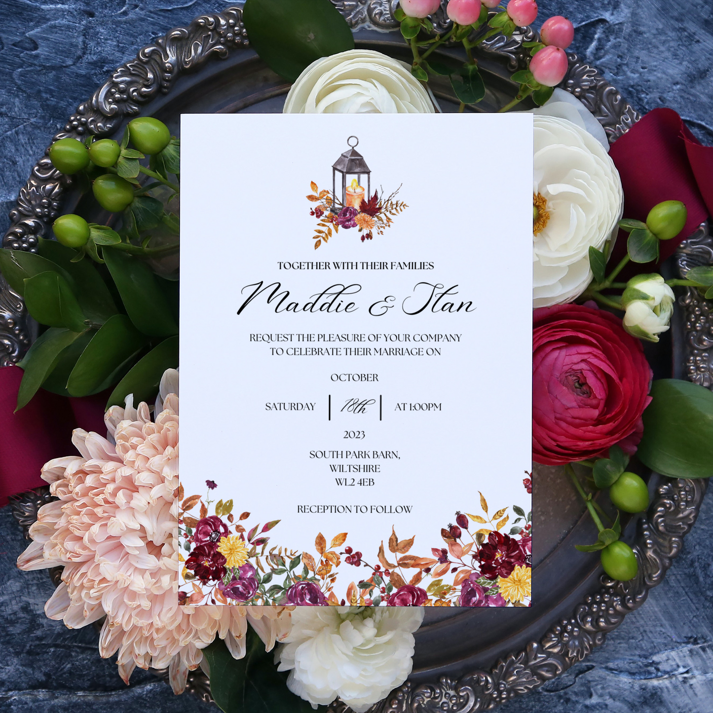 Printed Personalised Autumnal Flowers Wedding Invitation