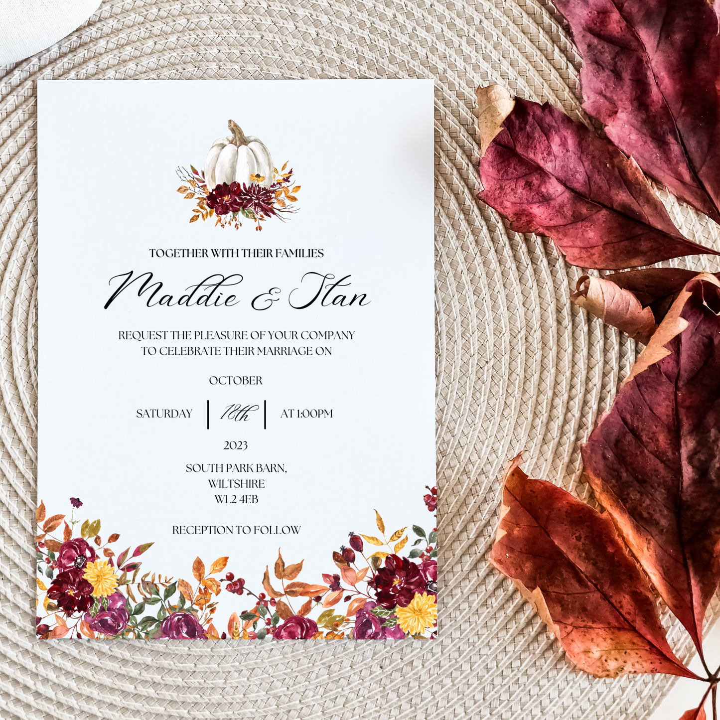 Printed Personalised Autumnal Flowers Save The Date Card