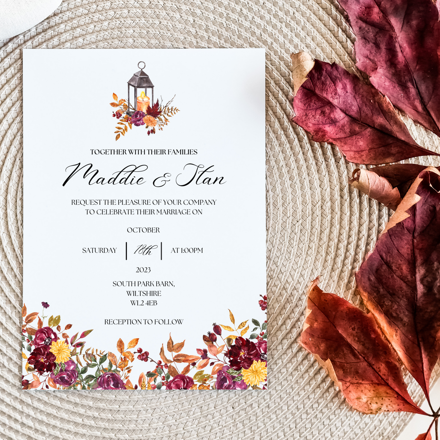 Printed Personalised Autumnal Flowers Wedding Invitation