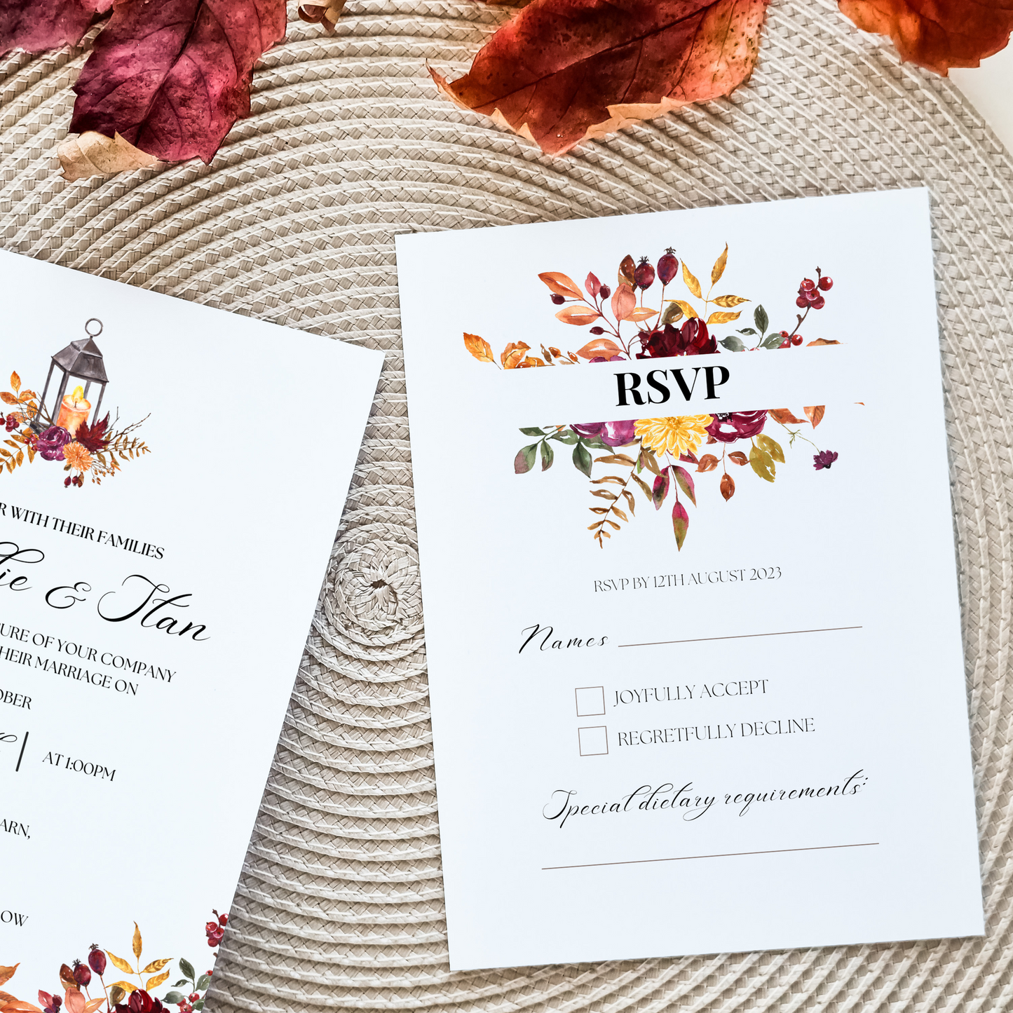 Printed Personalised Autumnal Flowers Wedding Invitation