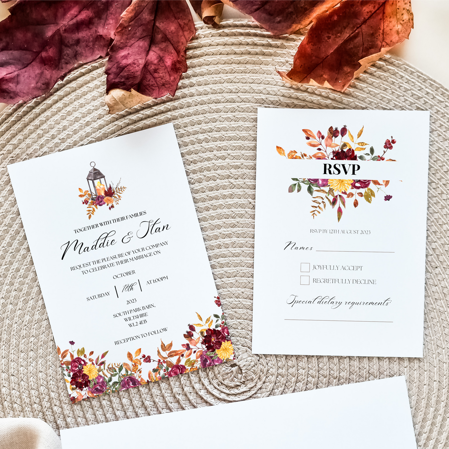 Printed Personalised Autumnal Flowers Save The Date Card