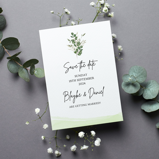 Printed Personalised Botanical Leaf Save The Date Card