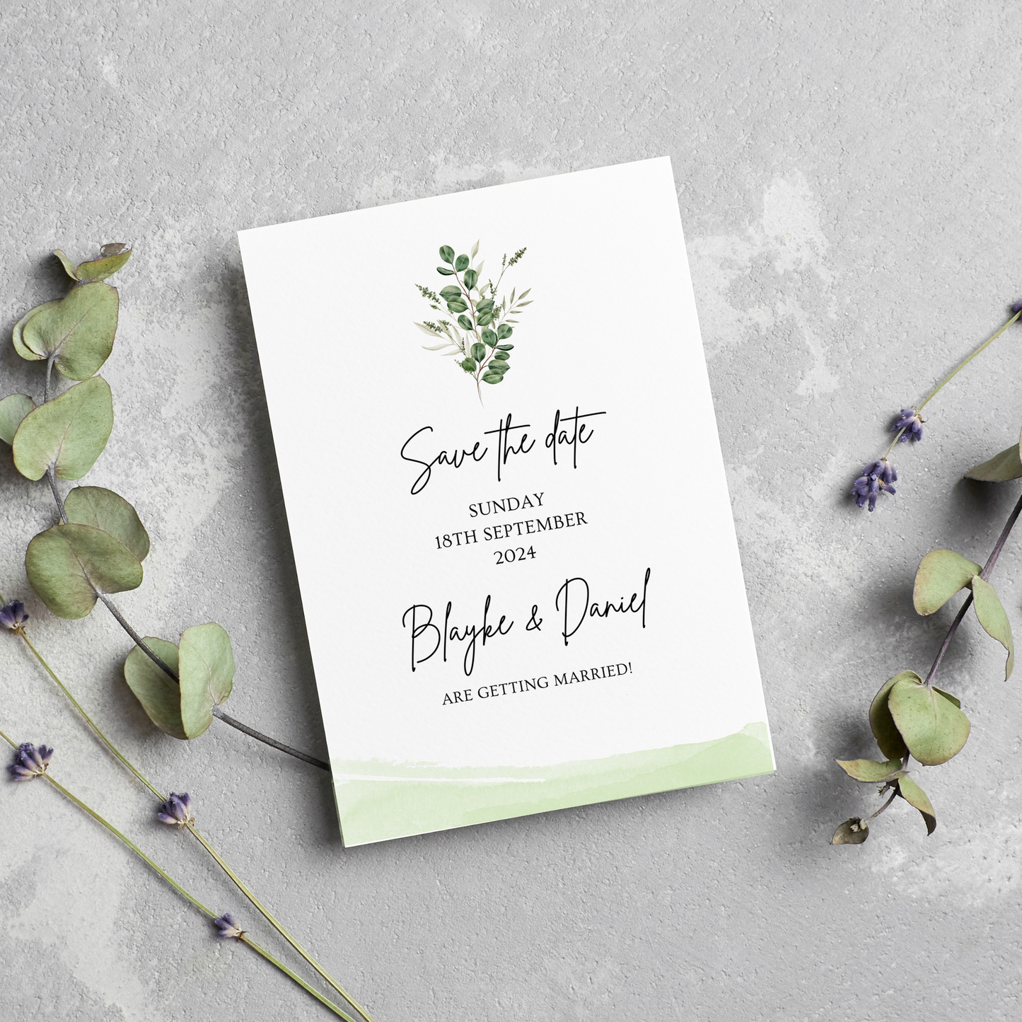 Printed Personalised Botanical Leaf Save The Date Card