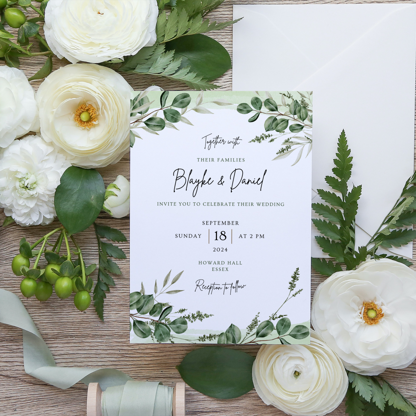 Printed Personalised Botanical Leaf Wedding Invitation