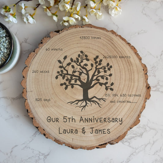 Personalised Large 5th Wedding Anniversary Timeline Wood Log Slice Decoration