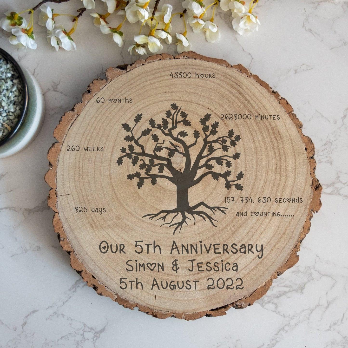 Personalised Large 5th Wedding Anniversary Timeline Wood Log Slice Decoration