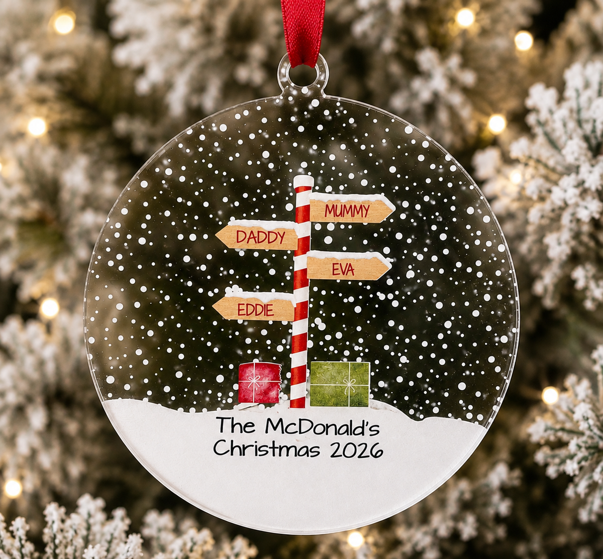 Personalised Stripy North Pole Family Acrylic Bauble Christmas Tree Ornament