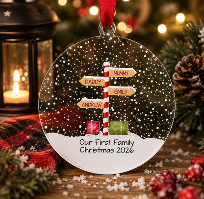 Personalised Stripy North Pole Family Acrylic Bauble Christmas Tree Ornament