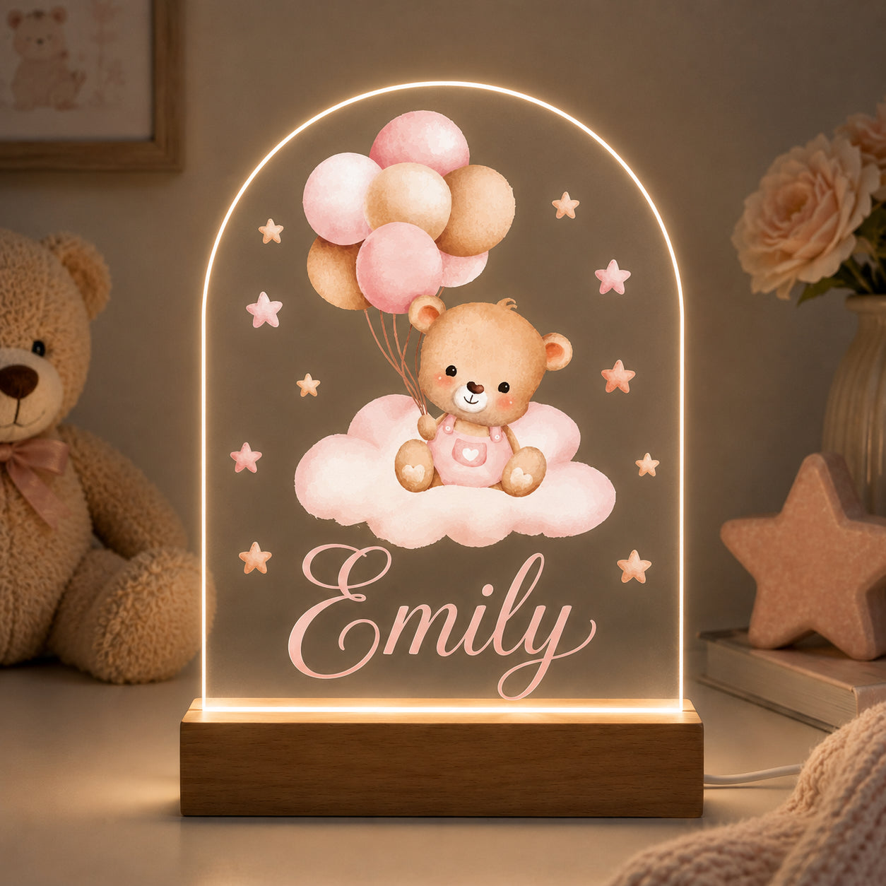Personalised Teddy Bear & Balloons Night Light | New Baby, Christening & 1st Birthday Gift