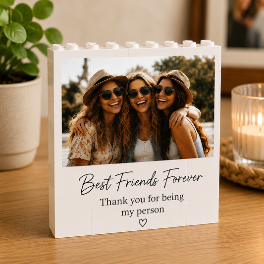 Personalized photo block with 'Best Friends Forever' text on a wooden surface.