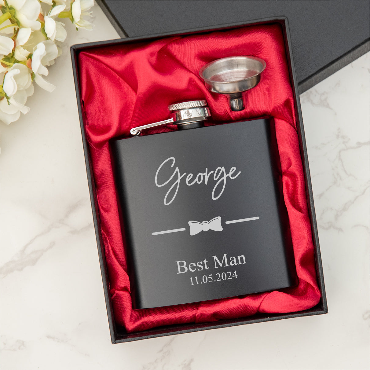 Personalised  Engraved  Bow Tie Hip Flask